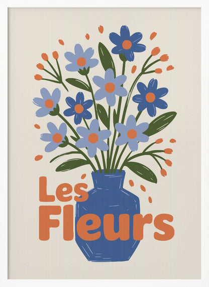 A stylized illustration of a blue vase filled with light and dark blue flowers with orange centers and green leaves. The phrase "Les Fleurs" is written in a bold orange font in the foreground, all set against a cream-colored background and framed in black. Decor