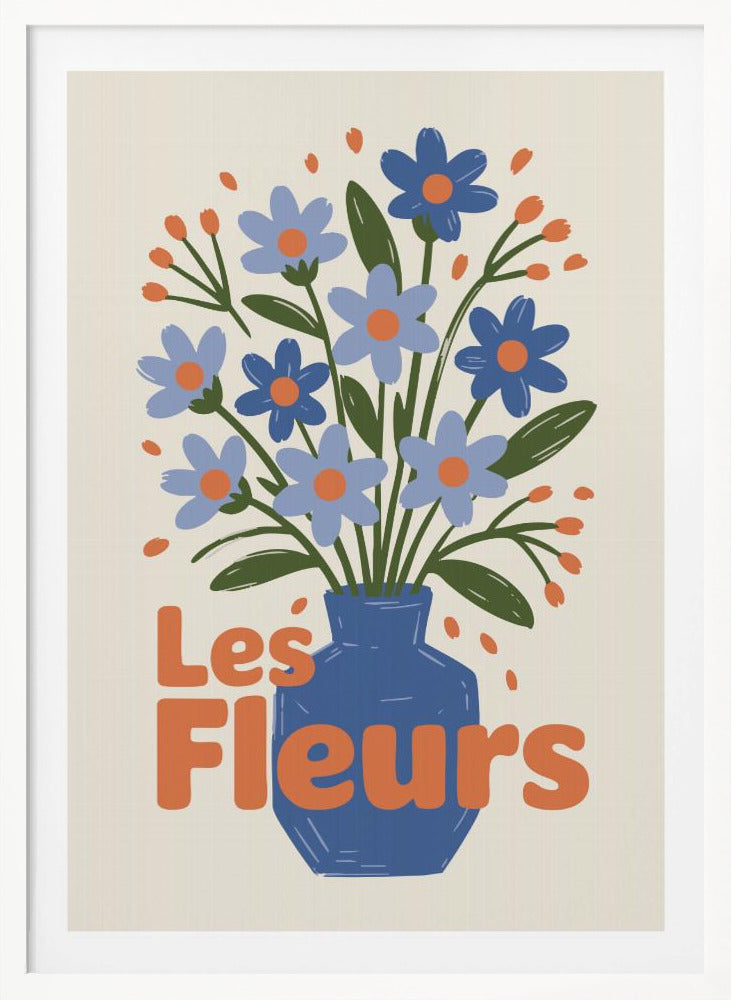 A stylized illustration of a blue vase filled with light and dark blue flowers with orange centers and green leaves. The phrase "Les Fleurs" is written in a bold orange font in the foreground, all set against a cream-colored background and framed in black. Decor
