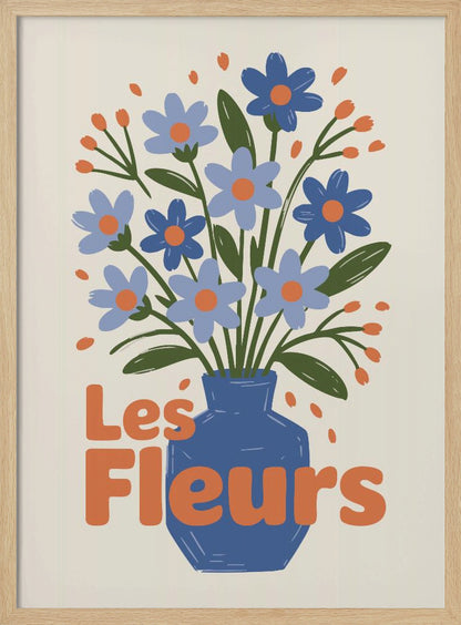 A stylized illustration of a blue vase filled with light and dark blue flowers with orange centers and green leaves. The phrase "Les Fleurs" is written in a bold orange font in the foreground, all set against a cream-colored background and framed in black. Decor