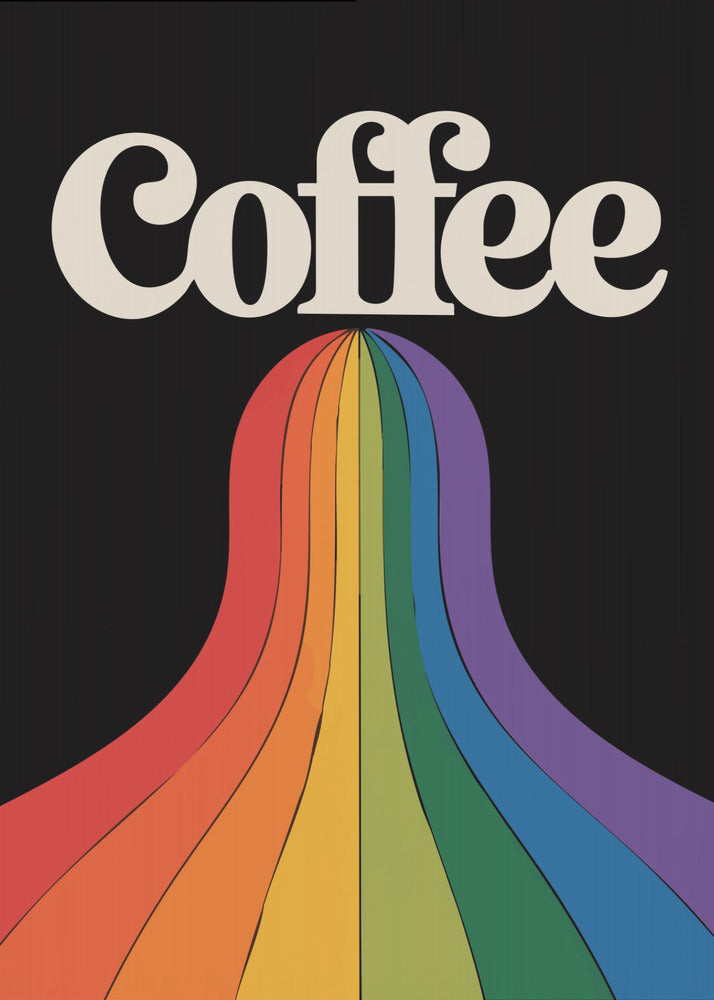 A retro-style poster with a black background featuring the word 'Coffee' in a cream-colored, 1970s-style font. A vibrant, flowing rainbow with stripes of color cascades down from underneath the text. Print