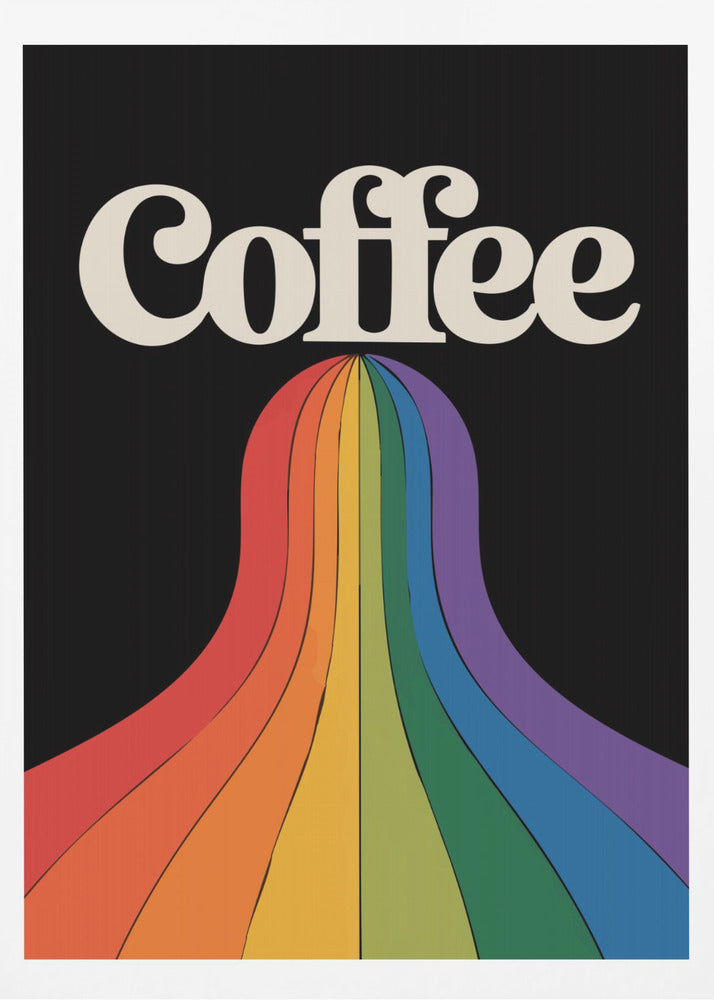 A retro-style poster with a black background featuring the word 'Coffee' in a cream-colored, 1970s-style font. A vibrant, flowing rainbow with stripes of color cascades down from underneath the text. Print