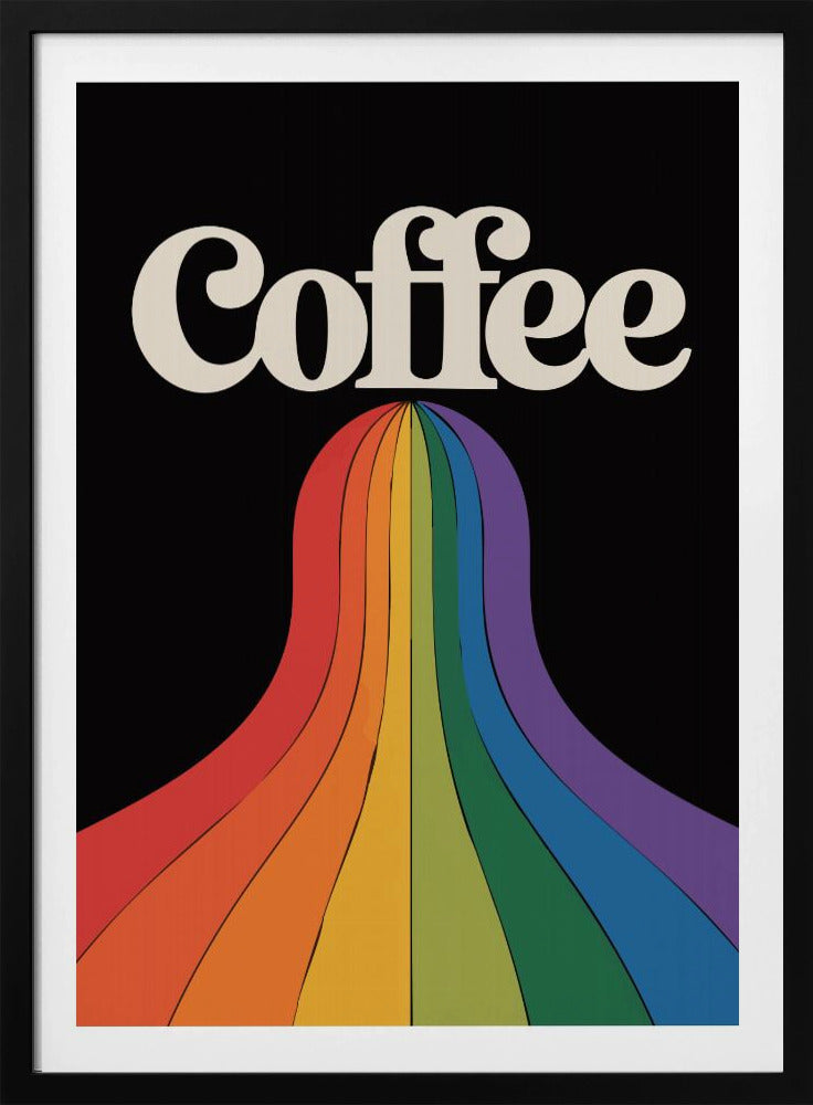 A retro-style poster with a black background featuring the word 'Coffee' in a cream-colored, 1970s-style font. A vibrant, flowing rainbow with stripes of color cascades down from underneath the text. Print