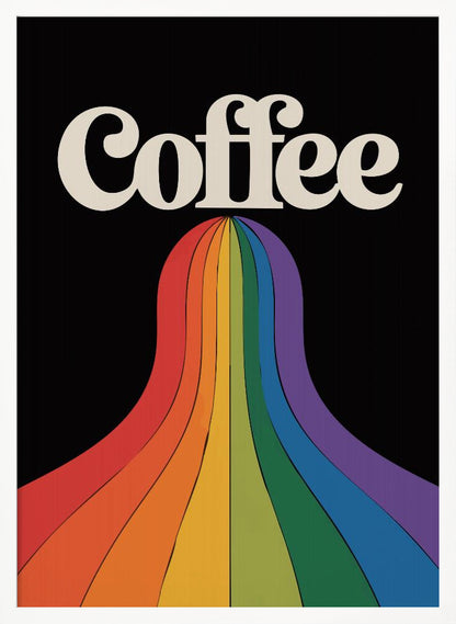 A retro-style poster with a black background featuring the word 'Coffee' in a cream-colored, 1970s-style font. A vibrant, flowing rainbow with stripes of color cascades down from underneath the text. Print