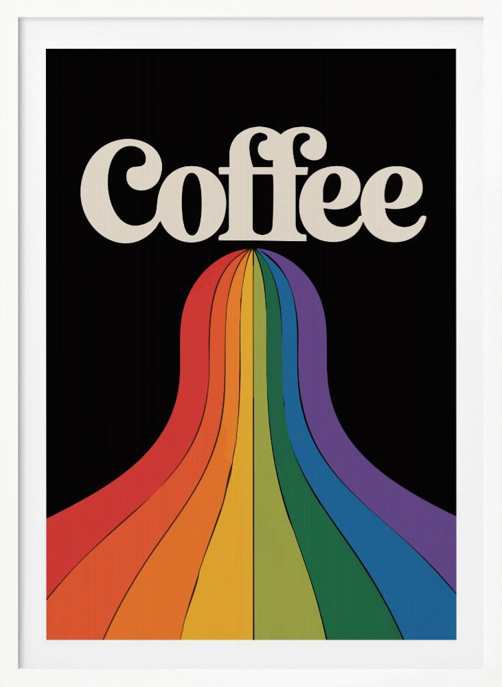 A retro-style poster with a black background featuring the word 'Coffee' in a cream-colored, 1970s-style font. A vibrant, flowing rainbow with stripes of color cascades down from underneath the text. Print