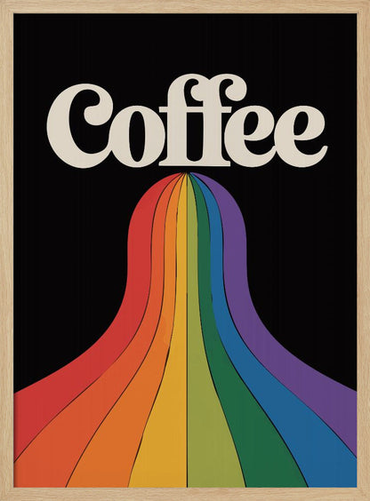 A retro-style poster with a black background featuring the word 'Coffee' in a cream-colored, 1970s-style font. A vibrant, flowing rainbow with stripes of color cascades down from underneath the text. Print