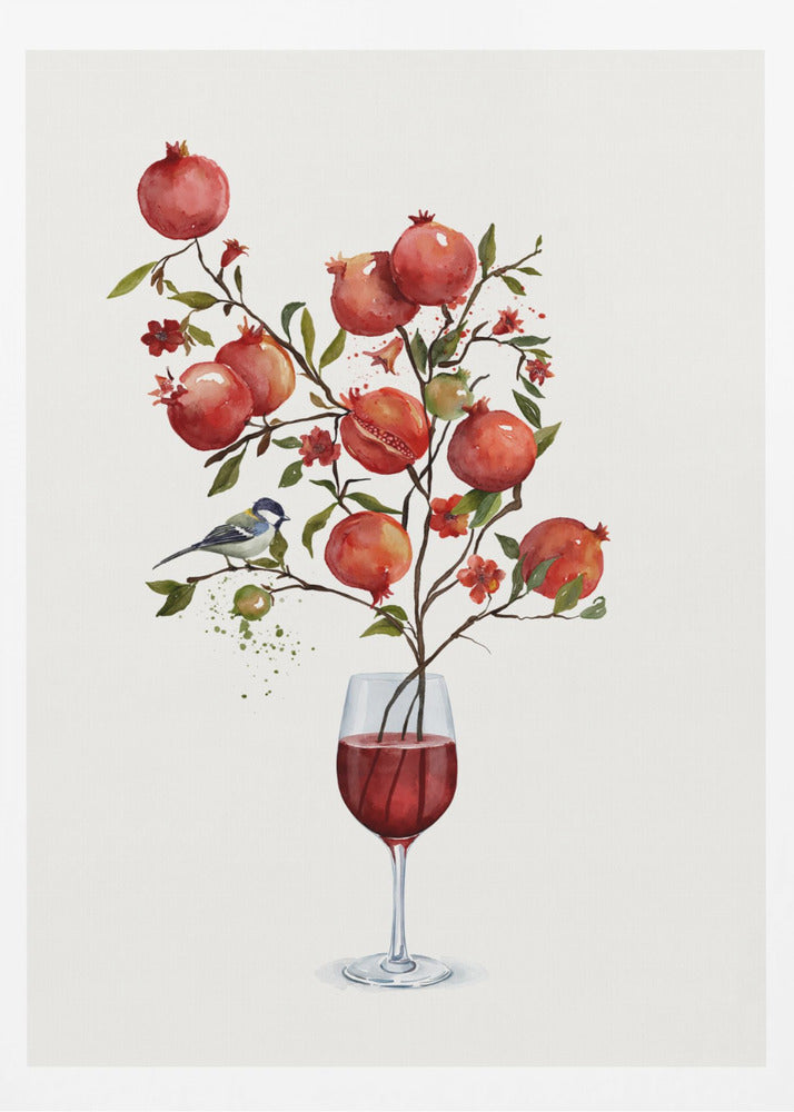 A surreal watercolor painting of a pomegranate branch growing out of a glass of red wine. The branch is laden with ripe red pomegranates, small red blossoms, and green leaves. A small blue and white bird is perched on a twig. The background is a clean, solid white, and the entire image is framed in black. Wall Art