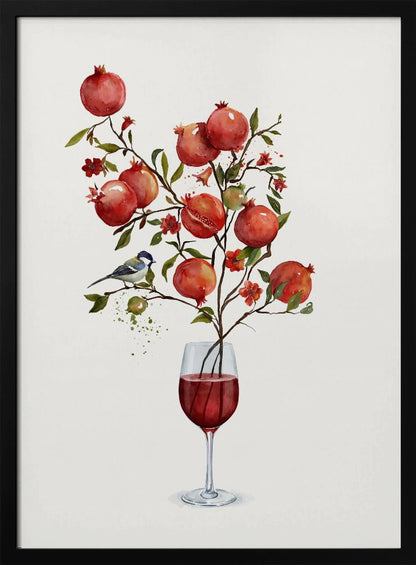 A surreal watercolor painting of a pomegranate branch growing out of a glass of red wine. The branch is laden with ripe red pomegranates, small red blossoms, and green leaves. A small blue and white bird is perched on a twig. The background is a clean, solid white, and the entire image is framed in black. Wall Art
