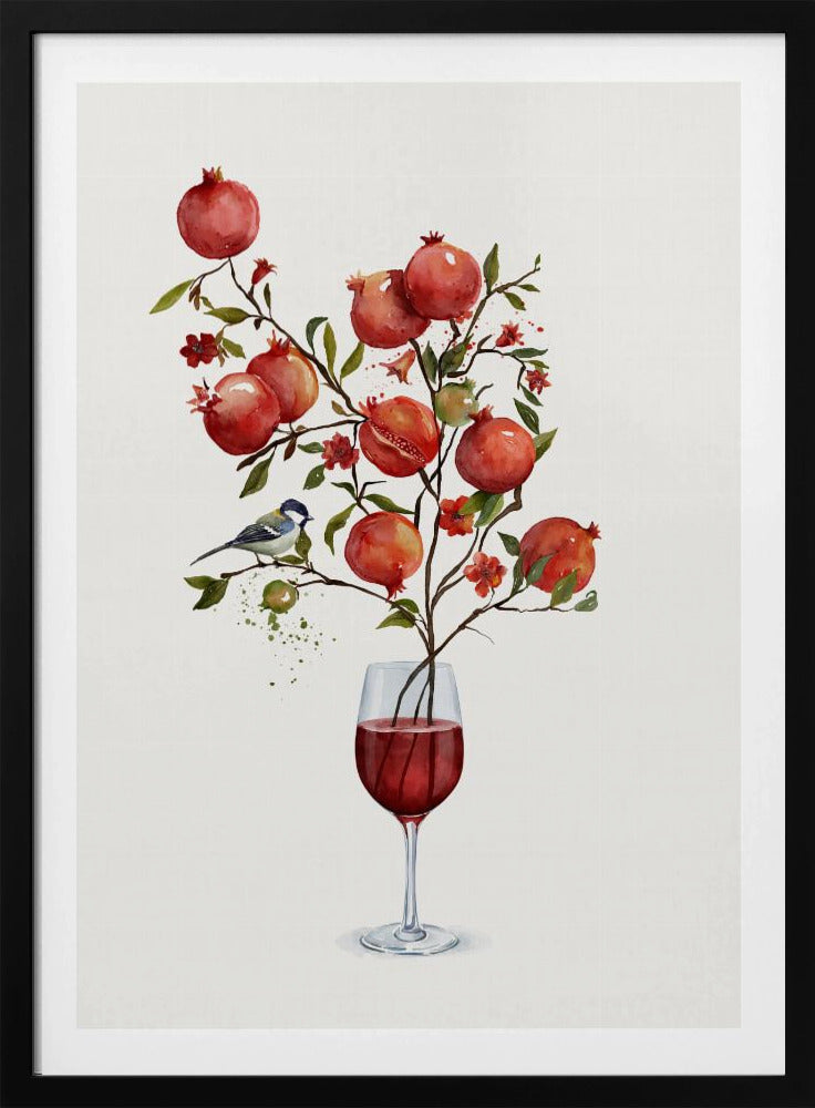 A surreal watercolor painting of a pomegranate branch growing out of a glass of red wine. The branch is laden with ripe red pomegranates, small red blossoms, and green leaves. A small blue and white bird is perched on a twig. The background is a clean, solid white, and the entire image is framed in black. Wall Art