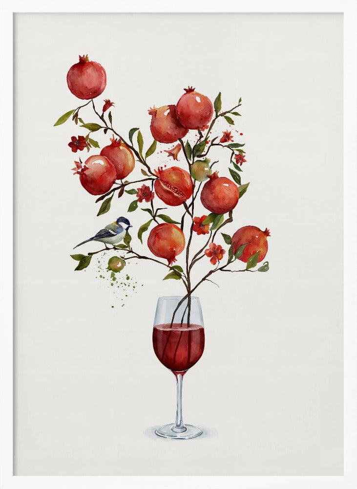 A surreal watercolor painting of a pomegranate branch growing out of a glass of red wine. The branch is laden with ripe red pomegranates, small red blossoms, and green leaves. A small blue and white bird is perched on a twig. The background is a clean, solid white, and the entire image is framed in black. Wall Art