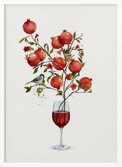A surreal watercolor painting of a pomegranate branch growing out of a glass of red wine. The branch is laden with ripe red pomegranates, small red blossoms, and green leaves. A small blue and white bird is perched on a twig. The background is a clean, solid white, and the entire image is framed in black. Wall Art