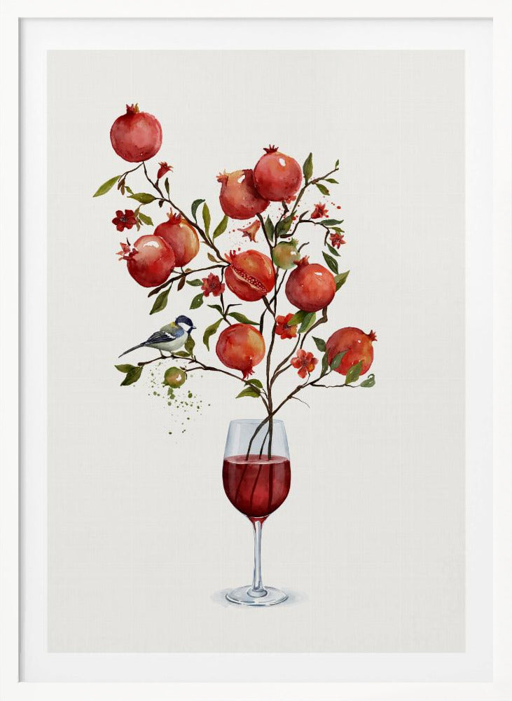 A surreal watercolor painting of a pomegranate branch growing out of a glass of red wine. The branch is laden with ripe red pomegranates, small red blossoms, and green leaves. A small blue and white bird is perched on a twig. The background is a clean, solid white, and the entire image is framed in black. Wall Art