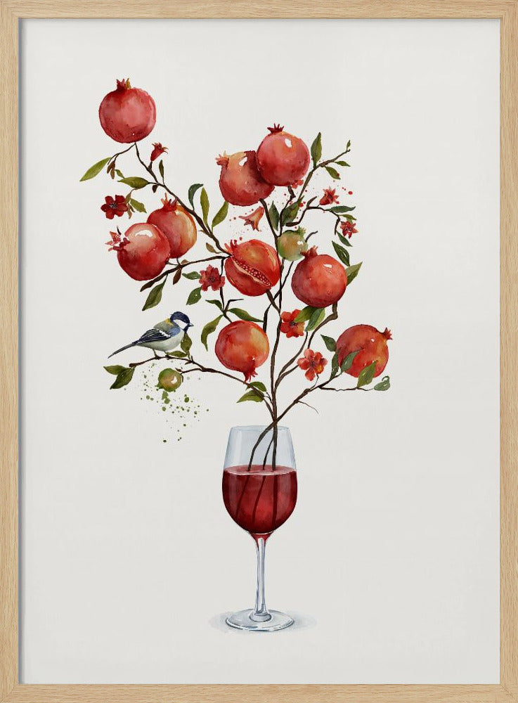 A surreal watercolor painting of a pomegranate branch growing out of a glass of red wine. The branch is laden with ripe red pomegranates, small red blossoms, and green leaves. A small blue and white bird is perched on a twig. The background is a clean, solid white, and the entire image is framed in black. Wall Art