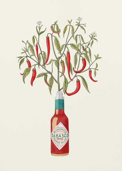 A framed vintage-style illustration of a red chili pepper plant, complete with leaves and blossoms, growing out of the top of a Tabasco brand hot sauce bottle against a cream background. Artwork