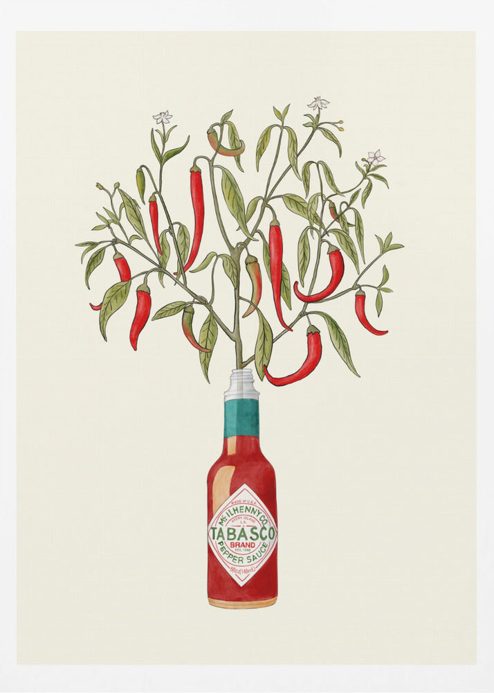 A framed vintage-style illustration of a red chili pepper plant, complete with leaves and blossoms, growing out of the top of a Tabasco brand hot sauce bottle against a cream background. Artwork