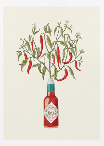 A framed vintage-style illustration of a red chili pepper plant, complete with leaves and blossoms, growing out of the top of a Tabasco brand hot sauce bottle against a cream background. Artwork