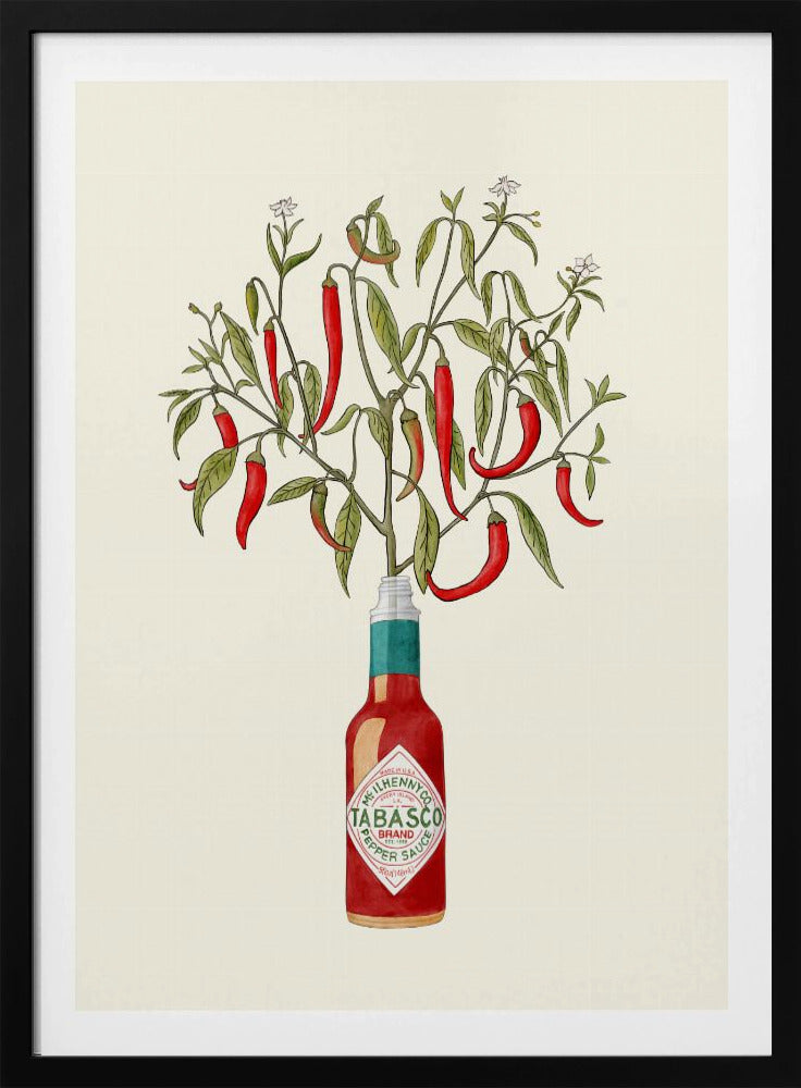 A framed vintage-style illustration of a red chili pepper plant, complete with leaves and blossoms, growing out of the top of a Tabasco brand hot sauce bottle against a cream background. Artwork