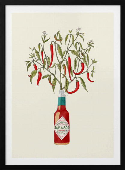 A framed vintage-style illustration of a red chili pepper plant, complete with leaves and blossoms, growing out of the top of a Tabasco brand hot sauce bottle against a cream background. Artwork