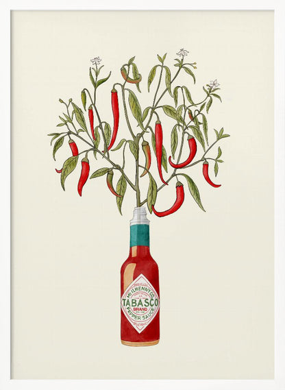 A framed vintage-style illustration of a red chili pepper plant, complete with leaves and blossoms, growing out of the top of a Tabasco brand hot sauce bottle against a cream background. Artwork