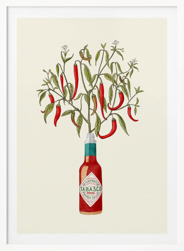 A framed vintage-style illustration of a red chili pepper plant, complete with leaves and blossoms, growing out of the top of a Tabasco brand hot sauce bottle against a cream background. Artwork