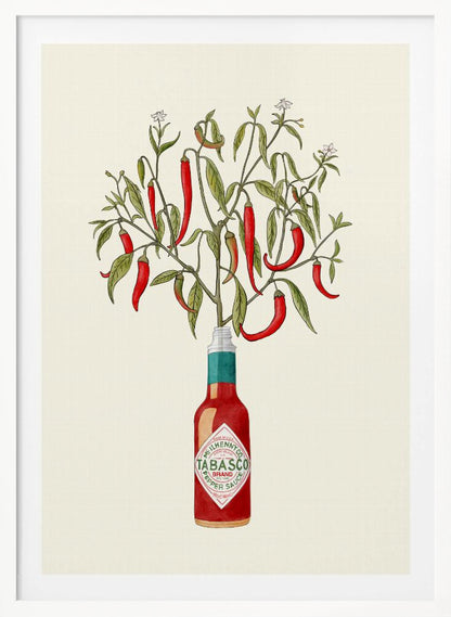 A framed vintage-style illustration of a red chili pepper plant, complete with leaves and blossoms, growing out of the top of a Tabasco brand hot sauce bottle against a cream background. Artwork
