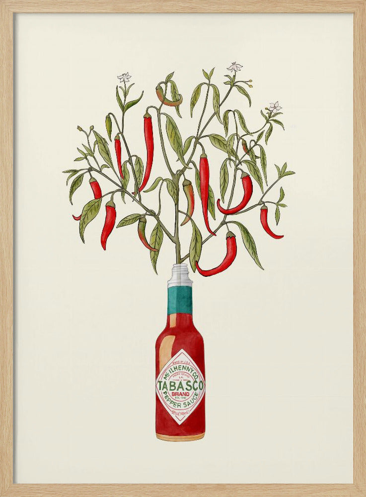A framed vintage-style illustration of a red chili pepper plant, complete with leaves and blossoms, growing out of the top of a Tabasco brand hot sauce bottle against a cream background. Artwork