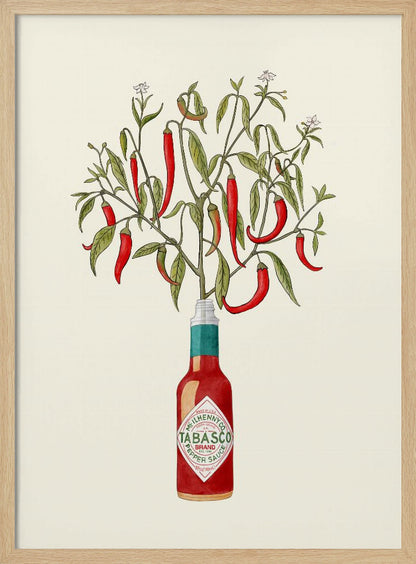 A framed vintage-style illustration of a red chili pepper plant, complete with leaves and blossoms, growing out of the top of a Tabasco brand hot sauce bottle against a cream background. Artwork