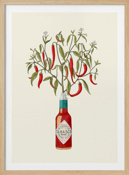 A framed vintage-style illustration of a red chili pepper plant, complete with leaves and blossoms, growing out of the top of a Tabasco brand hot sauce bottle against a cream background. Artwork