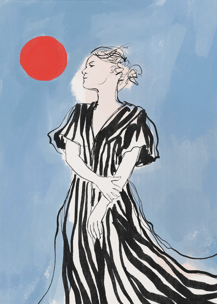 A fashion illustration of a woman in profile against a blue background. She wears a flowing black and white striped dress and her hair is in an updo. A large red circle, like a sun, is in the upper left corner. Wall Art