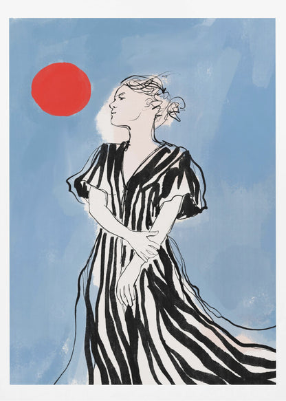 A fashion illustration of a woman in profile against a blue background. She wears a flowing black and white striped dress and her hair is in an updo. A large red circle, like a sun, is in the upper left corner. Wall Art
