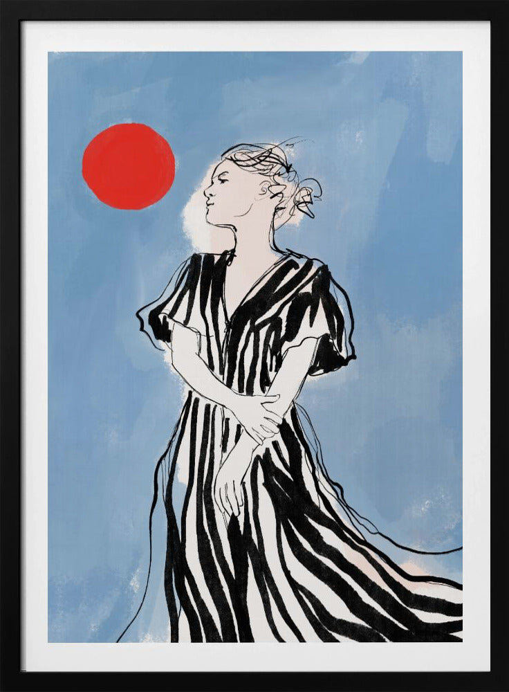 A fashion illustration of a woman in profile against a blue background. She wears a flowing black and white striped dress and her hair is in an updo. A large red circle, like a sun, is in the upper left corner. Wall Art
