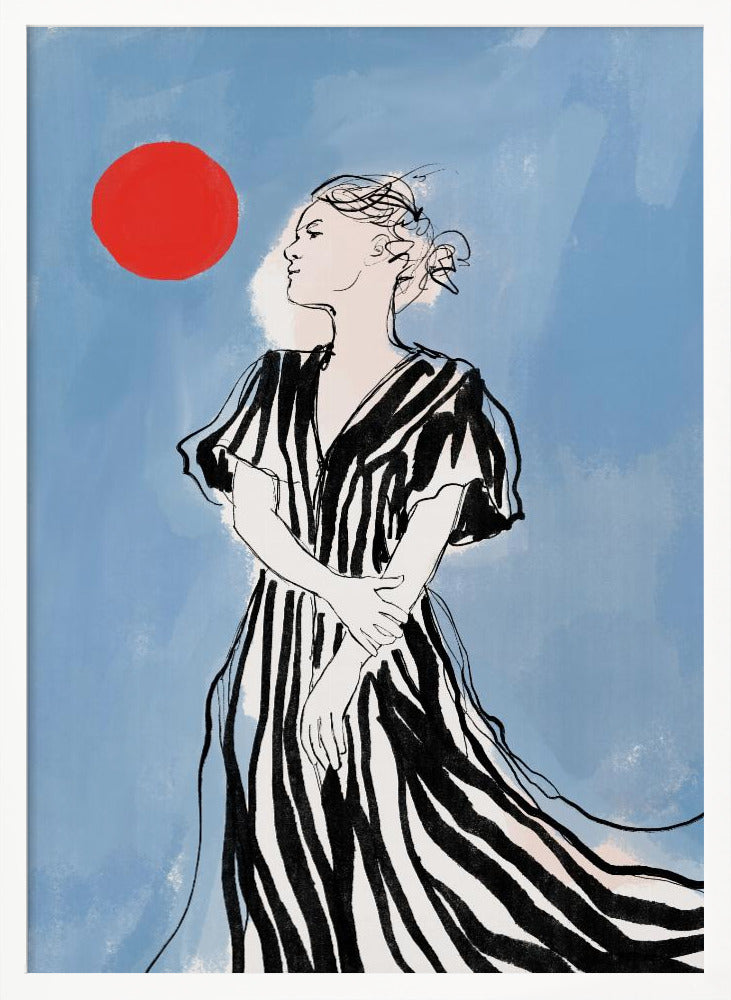 A fashion illustration of a woman in profile against a blue background. She wears a flowing black and white striped dress and her hair is in an updo. A large red circle, like a sun, is in the upper left corner. Wall Art