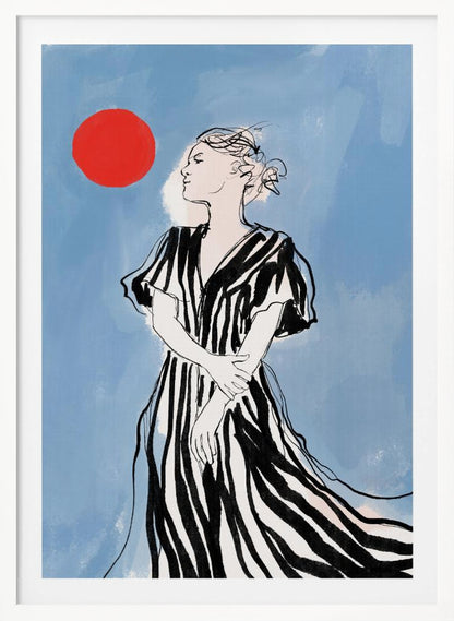 A fashion illustration of a woman in profile against a blue background. She wears a flowing black and white striped dress and her hair is in an updo. A large red circle, like a sun, is in the upper left corner. Wall Art