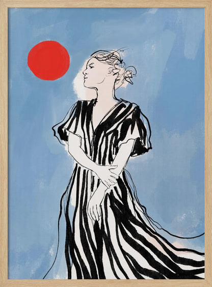 A fashion illustration of a woman in profile against a blue background. She wears a flowing black and white striped dress and her hair is in an updo. A large red circle, like a sun, is in the upper left corner. Wall Art