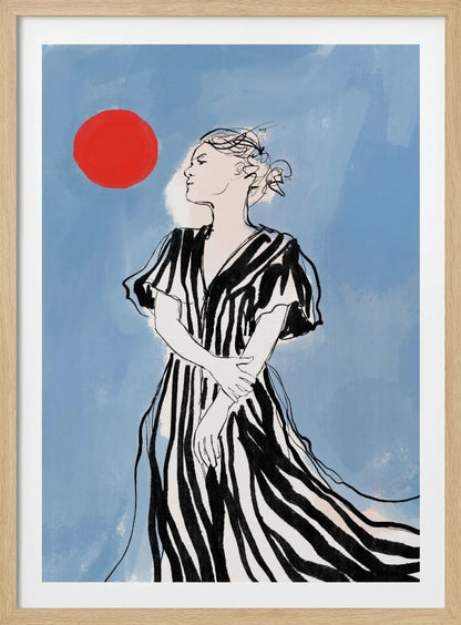 A fashion illustration of a woman in profile against a blue background. She wears a flowing black and white striped dress and her hair is in an updo. A large red circle, like a sun, is in the upper left corner. Wall Art