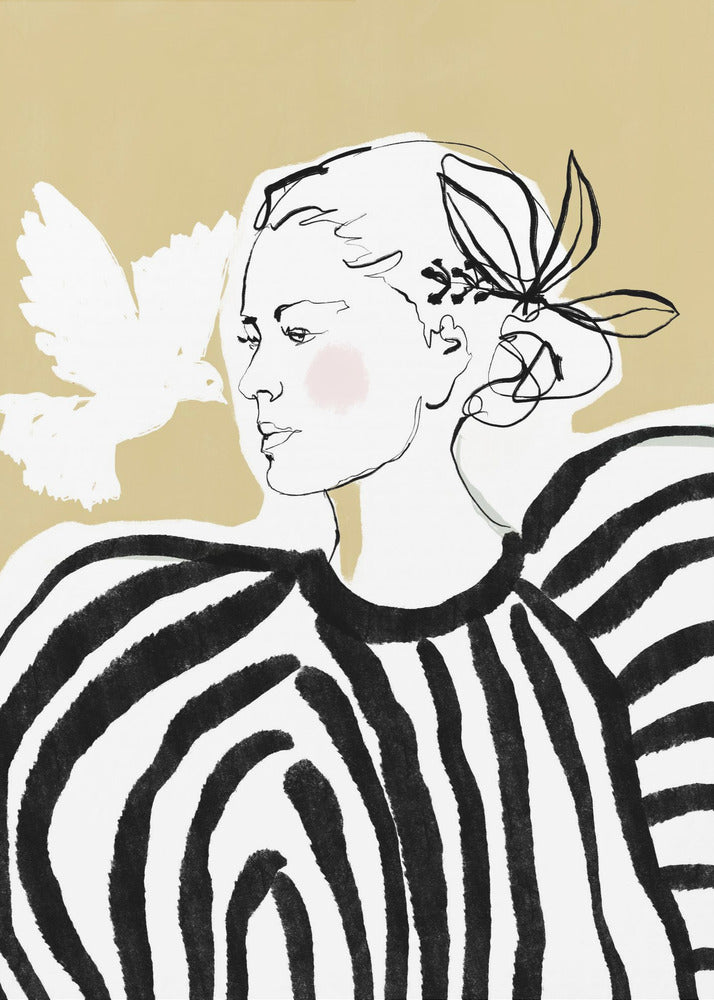 A stylized illustration of a woman in profile against a solid beige background. Her face is a simple black line drawing with a touch of pink blush on her cheek. She wears a bold black and white striped blouse with large, voluminous shoulders. A white, painted silhouette of a dove flies towards her. Wall Art