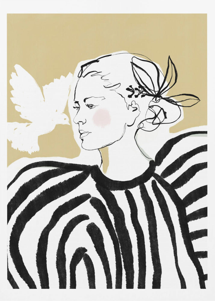 A stylized illustration of a woman in profile against a solid beige background. Her face is a simple black line drawing with a touch of pink blush on her cheek. She wears a bold black and white striped blouse with large, voluminous shoulders. A white, painted silhouette of a dove flies towards her. Wall Art