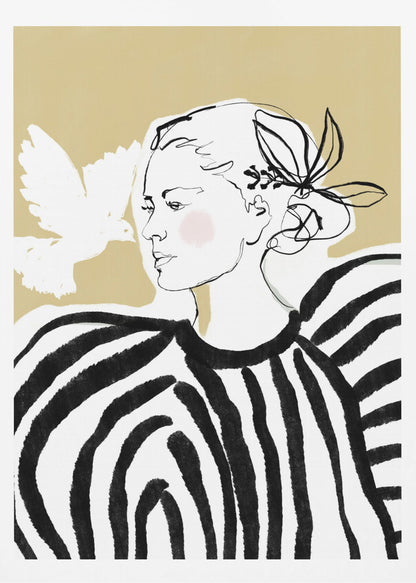 A stylized illustration of a woman in profile against a solid beige background. Her face is a simple black line drawing with a touch of pink blush on her cheek. She wears a bold black and white striped blouse with large, voluminous shoulders. A white, painted silhouette of a dove flies towards her. Wall Art