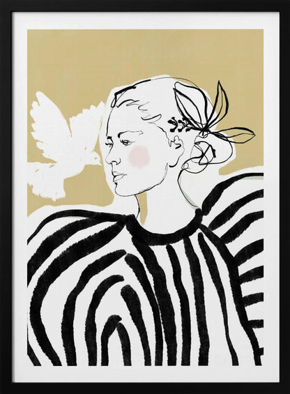 A stylized illustration of a woman in profile against a solid beige background. Her face is a simple black line drawing with a touch of pink blush on her cheek. She wears a bold black and white striped blouse with large, voluminous shoulders. A white, painted silhouette of a dove flies towards her. Wall Art