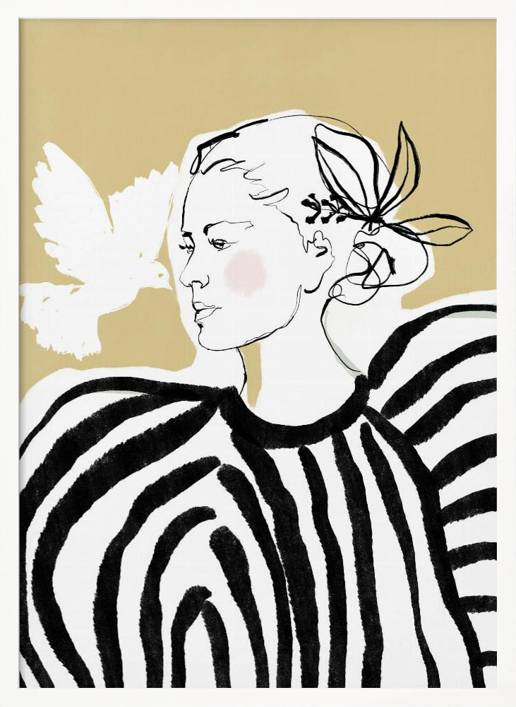 A stylized illustration of a woman in profile against a solid beige background. Her face is a simple black line drawing with a touch of pink blush on her cheek. She wears a bold black and white striped blouse with large, voluminous shoulders. A white, painted silhouette of a dove flies towards her. Wall Art