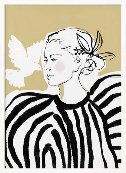 A stylized illustration of a woman in profile against a solid beige background. Her face is a simple black line drawing with a touch of pink blush on her cheek. She wears a bold black and white striped blouse with large, voluminous shoulders. A white, painted silhouette of a dove flies towards her. Wall Art
