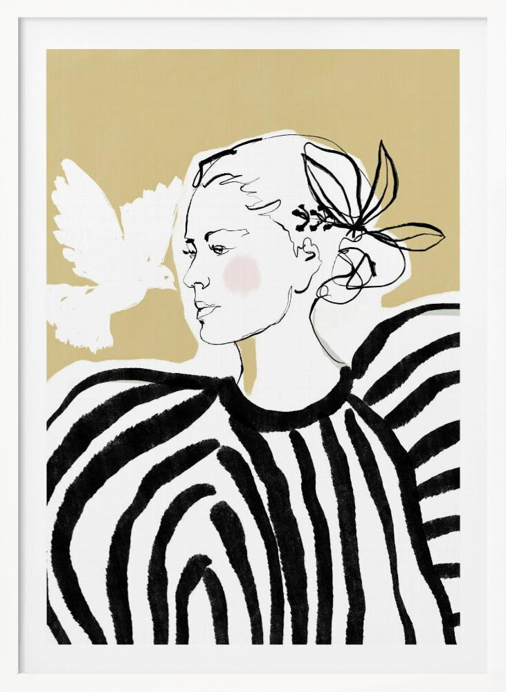 A stylized illustration of a woman in profile against a solid beige background. Her face is a simple black line drawing with a touch of pink blush on her cheek. She wears a bold black and white striped blouse with large, voluminous shoulders. A white, painted silhouette of a dove flies towards her. Wall Art