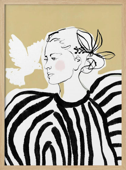 A stylized illustration of a woman in profile against a solid beige background. Her face is a simple black line drawing with a touch of pink blush on her cheek. She wears a bold black and white striped blouse with large, voluminous shoulders. A white, painted silhouette of a dove flies towards her. Wall Art