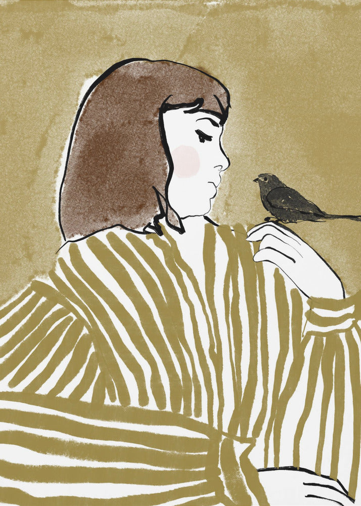An illustration of a woman with short brown hair, viewed from the side, wearing an olive and white striped blouse. She is looking down at a small black bird perched on her shoulder against a solid textured khaki background. Print