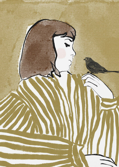 An illustration of a woman with short brown hair, viewed from the side, wearing an olive and white striped blouse. She is looking down at a small black bird perched on her shoulder against a solid textured khaki background. Print