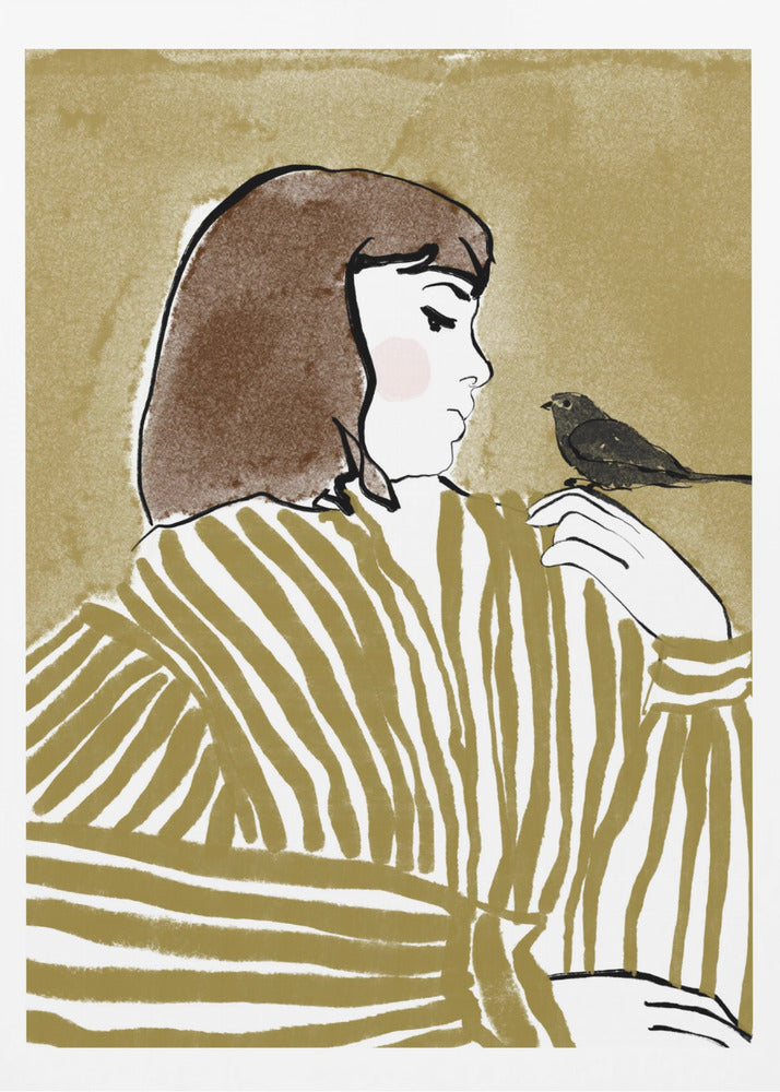 An illustration of a woman with short brown hair, viewed from the side, wearing an olive and white striped blouse. She is looking down at a small black bird perched on her shoulder against a solid textured khaki background. Print