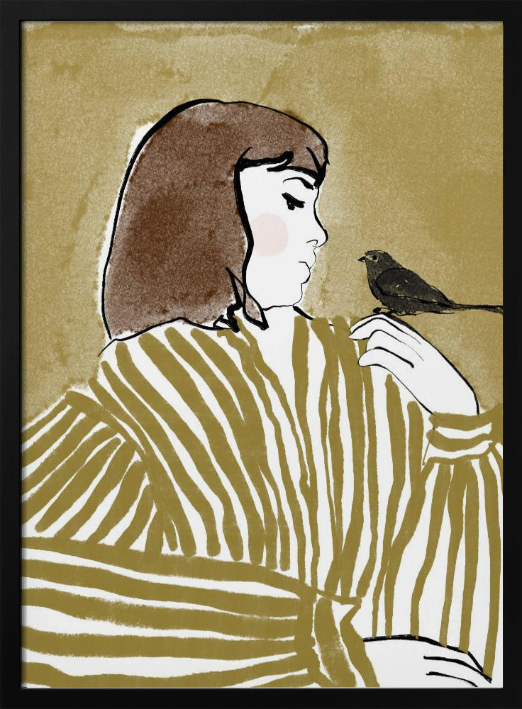 An illustration of a woman with short brown hair, viewed from the side, wearing an olive and white striped blouse. She is looking down at a small black bird perched on her shoulder against a solid textured khaki background. Print