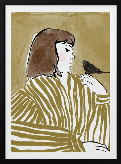 An illustration of a woman with short brown hair, viewed from the side, wearing an olive and white striped blouse. She is looking down at a small black bird perched on her shoulder against a solid textured khaki background. Print
