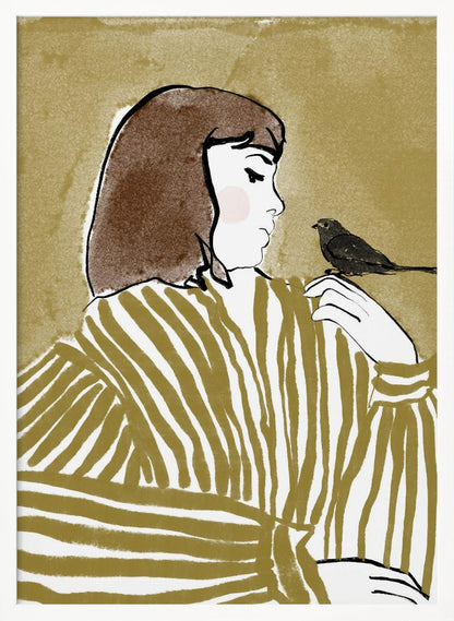 An illustration of a woman with short brown hair, viewed from the side, wearing an olive and white striped blouse. She is looking down at a small black bird perched on her shoulder against a solid textured khaki background. Print