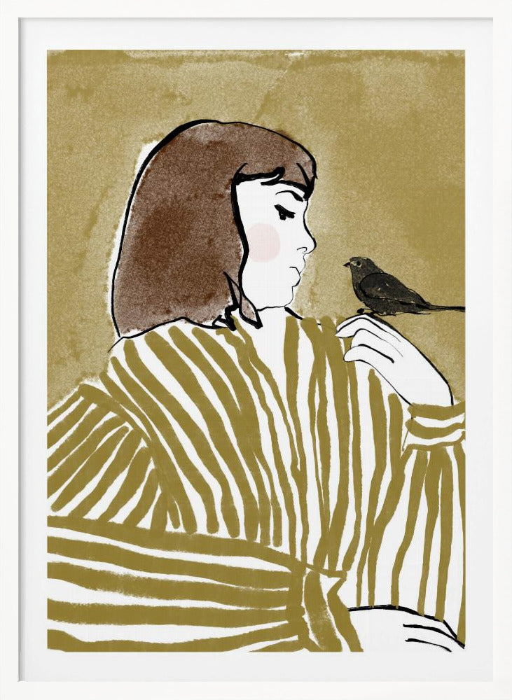 An illustration of a woman with short brown hair, viewed from the side, wearing an olive and white striped blouse. She is looking down at a small black bird perched on her shoulder against a solid textured khaki background. Print