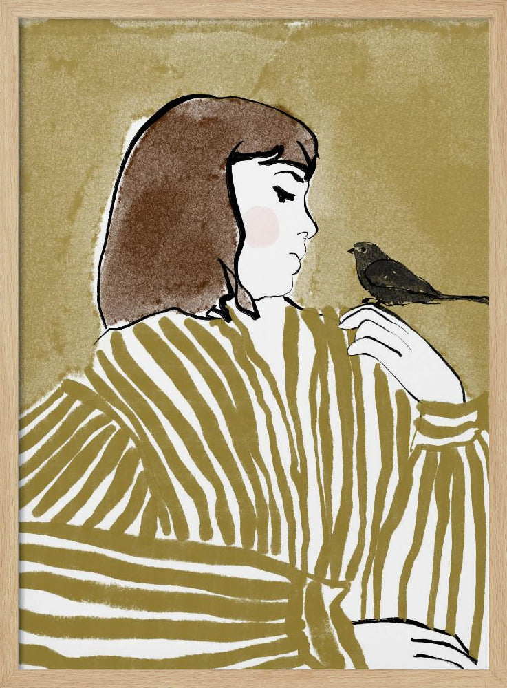 An illustration of a woman with short brown hair, viewed from the side, wearing an olive and white striped blouse. She is looking down at a small black bird perched on her shoulder against a solid textured khaki background. Print